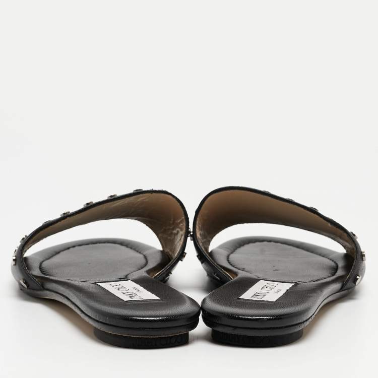 Pre Owned Jimmy Choo Black Leather Studded Nanda Flat Slides Size 37