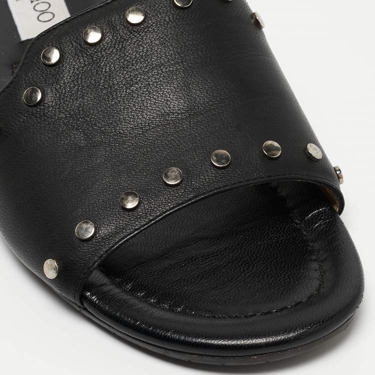 Pre Owned Jimmy Choo Black Leather Studded Nanda Flat Slides Size 37