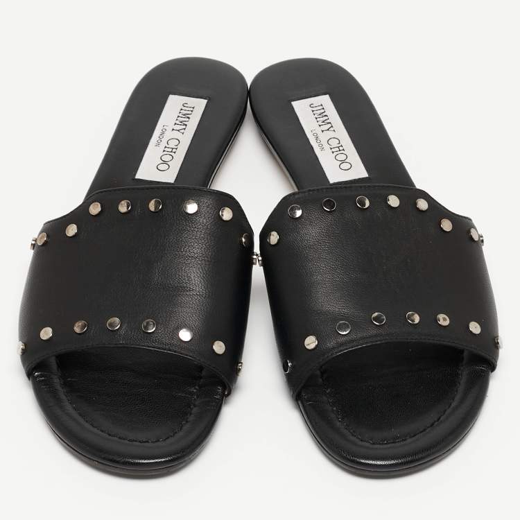 Pre Owned Jimmy Choo Black Leather Studded Nanda Flat Slides Size 37