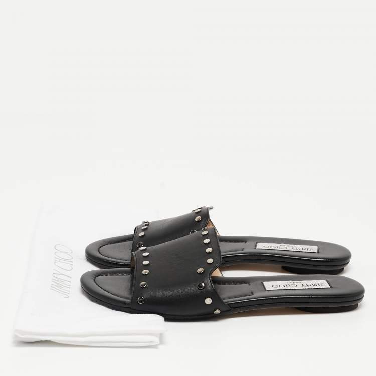 Pre Owned Jimmy Choo Black Leather Studded Nanda Flat Slides Size 37