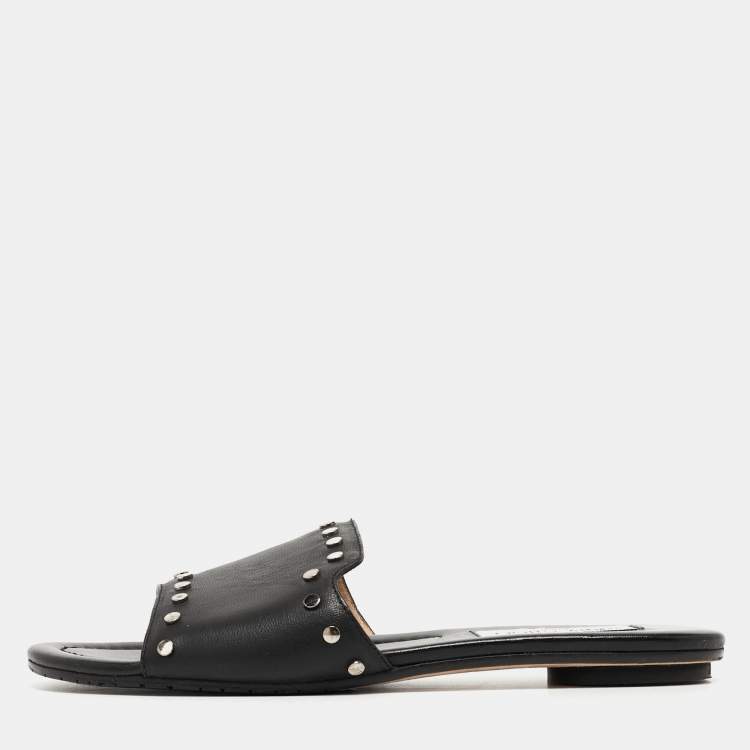 Pre Owned Jimmy Choo Black Leather Studded Nanda Flat Slides Size 37