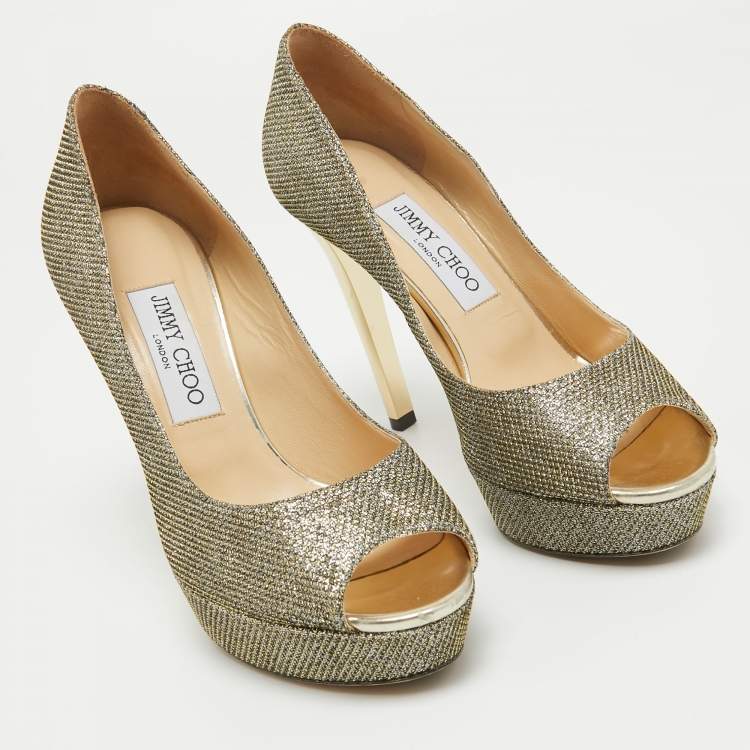 Pre Owned Jimmy Choo Silver/Gold Lurex Fabric Dahlia Peep Toe Pumps Size 38