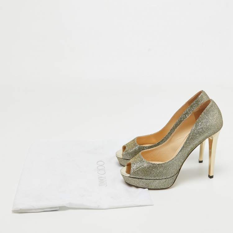 Pre Owned Jimmy Choo Silver/Gold Lurex Fabric Dahlia Peep Toe Pumps Size 38