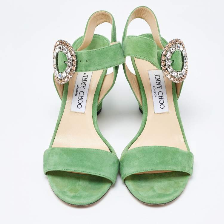 Pre Owned Jimmy Choo Green Suede Ankle Strap Sandals Size 38.5
