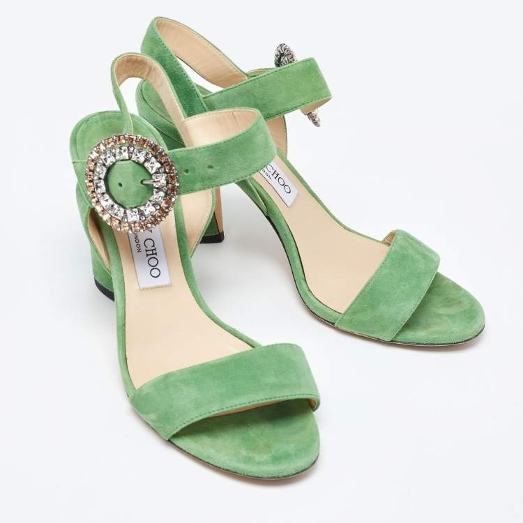 Pre Owned Jimmy Choo Green Suede Ankle Strap Sandals Size 38.5