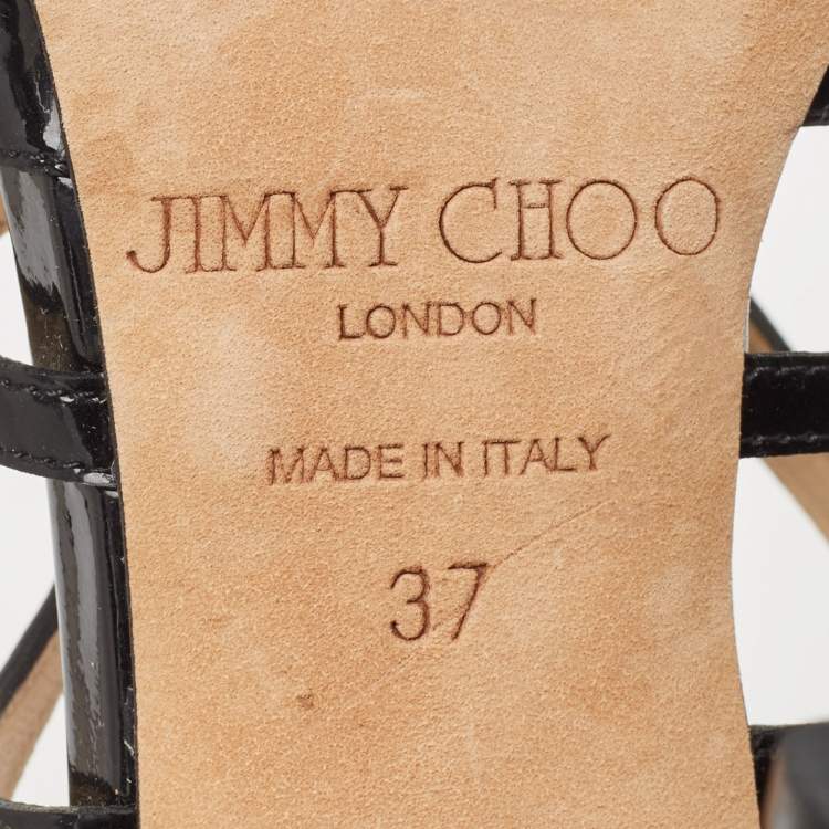 Pre Owned Jimmy Choo Black Patent Leather Cut Out Peep Toe Sandals Size 37