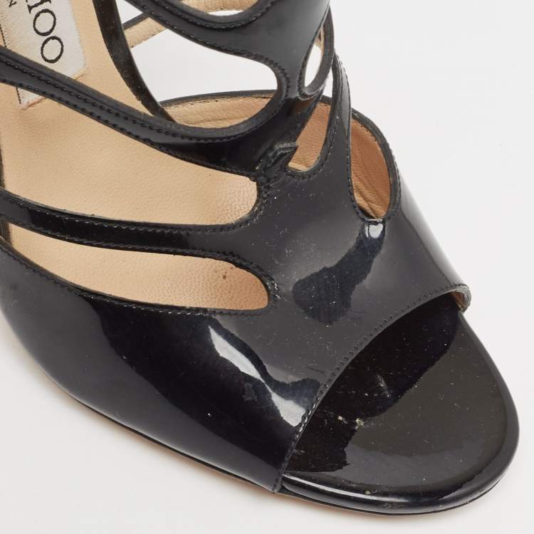 Pre Owned Jimmy Choo Black Patent Leather Cut Out Peep Toe Sandals Size 37