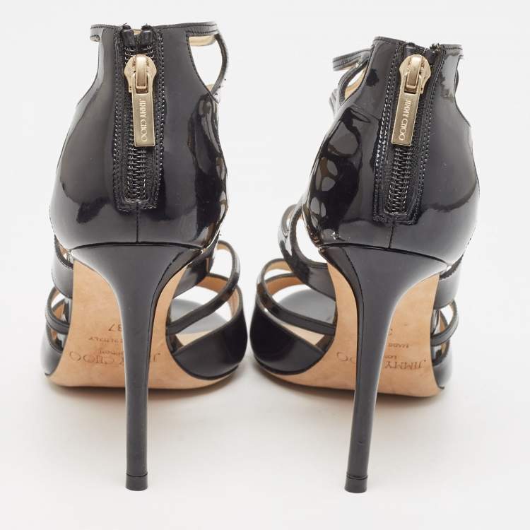 Pre Owned Jimmy Choo Black Patent Leather Cut Out Peep Toe Sandals Size 37
