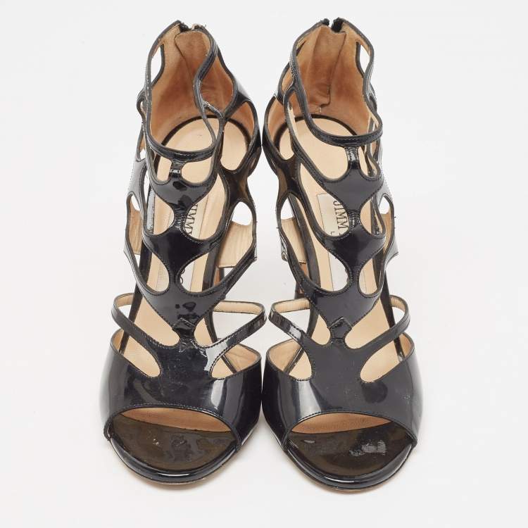 Pre Owned Jimmy Choo Black Patent Leather Cut Out Peep Toe Sandals Size 37