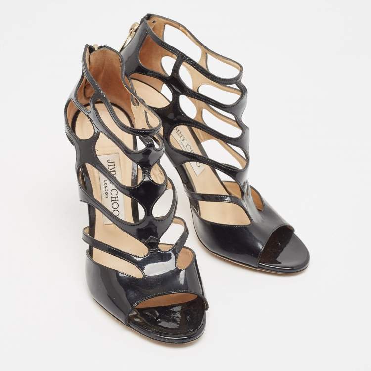 Pre Owned Jimmy Choo Black Patent Leather Cut Out Peep Toe Sandals Size 37