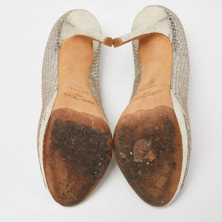 Pre Owned Jimmy Choo Gold/Silver Glitter and Leather Luna Peep Toe Pumps Size 38.5
