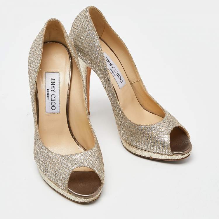 Pre Owned Jimmy Choo Gold/Silver Glitter and Leather Luna Peep Toe Pumps Size 38.5