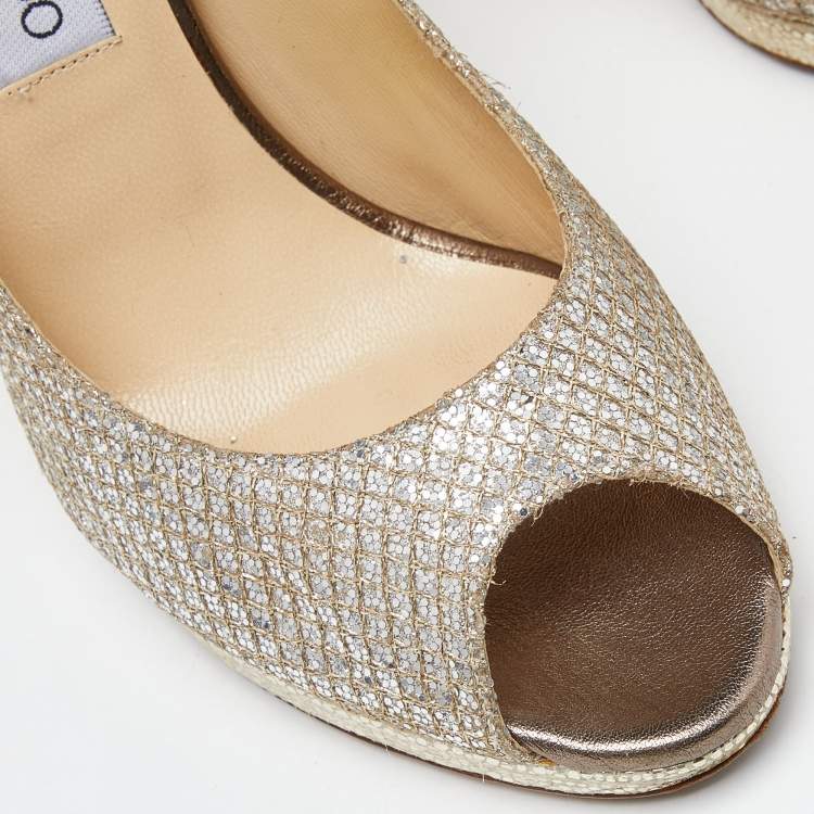Pre Owned Jimmy Choo Gold/Silver Glitter and Leather Luna Peep Toe Pumps Size 38.5