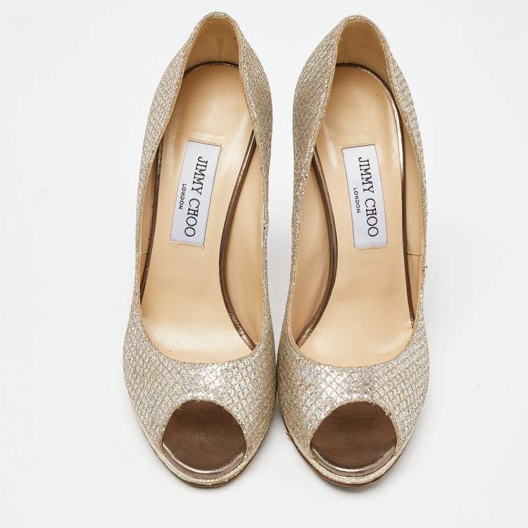 Pre Owned Jimmy Choo Gold/Silver Glitter and Leather Luna Peep Toe Pumps Size 38.5