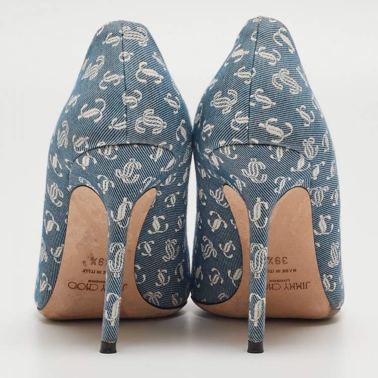 Pre Owned Jimmy Choo Blue/White Logo Print Canvas Diamond Talura Pumps Size 39.5