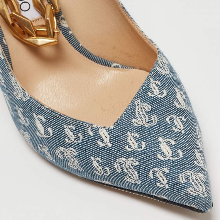 Pre Owned Jimmy Choo Blue/White Logo Print Canvas Diamond Talura Pumps Size 39.5