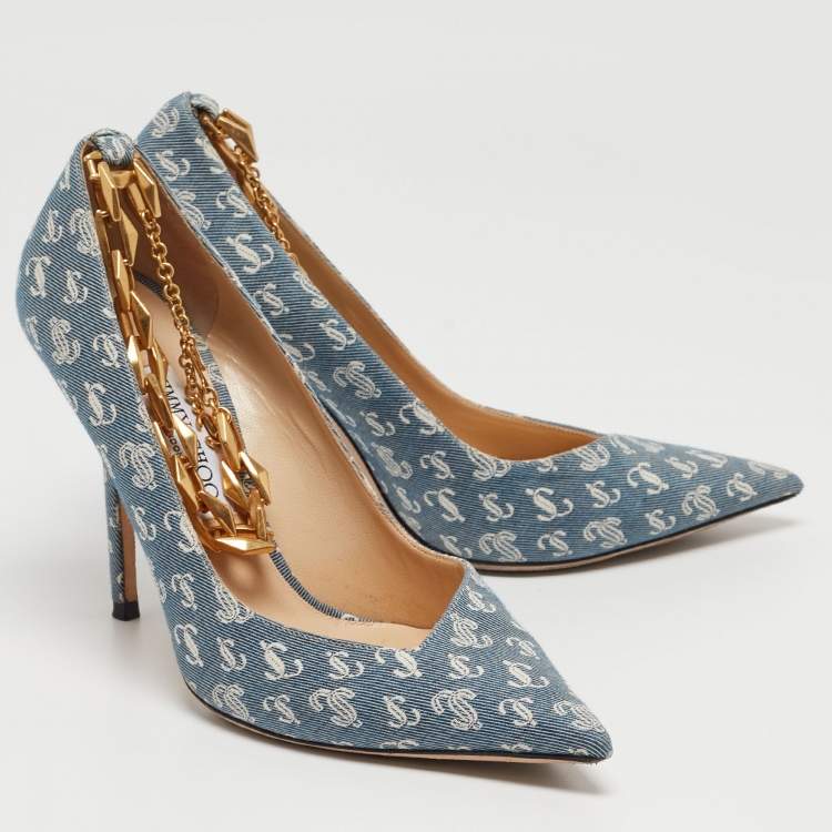Pre Owned Jimmy Choo Blue/White Logo Print Canvas Diamond Talura Pumps Size 39.5