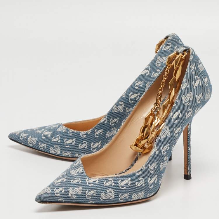 Pre Owned Jimmy Choo Blue/White Logo Print Canvas Diamond Talura Pumps Size 39.5