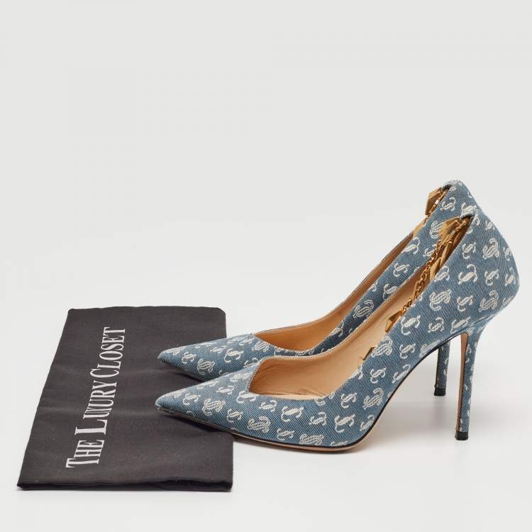 Pre Owned Jimmy Choo Blue/White Logo Print Canvas Diamond Talura Pumps Size 39.5
