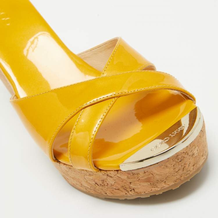Pre Owned Jimmy Choo Yellow Patent Leather Prima Cork Wedge Sandals Size 39