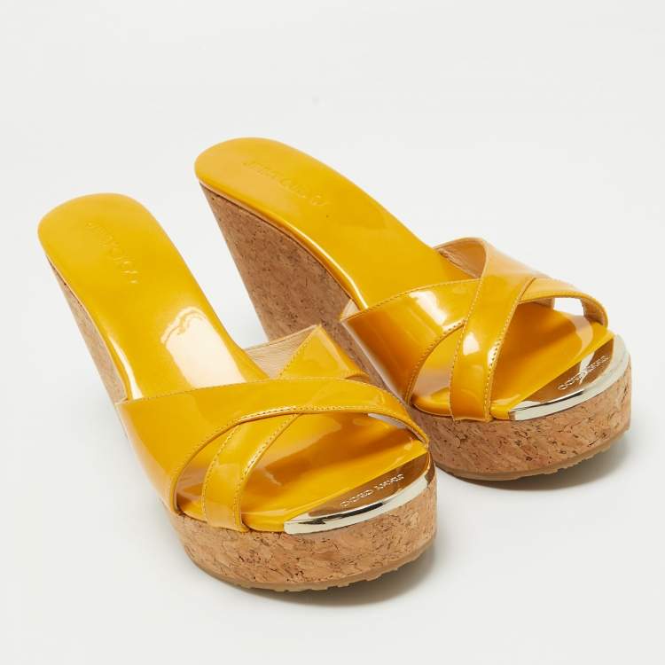 Pre Owned Jimmy Choo Yellow Patent Leather Prima Cork Wedge Sandals Size 39