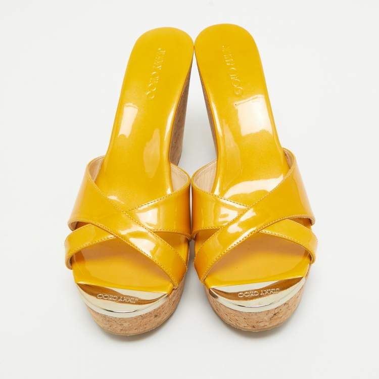 Pre Owned Jimmy Choo Yellow Patent Leather Prima Cork Wedge Sandals Size 39