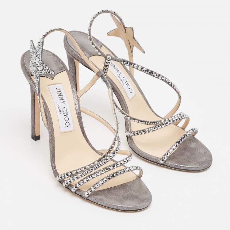 Pre Owned Jimmy Choo Grey Shimmer Suede Embellished Lynn Sandals Size 38