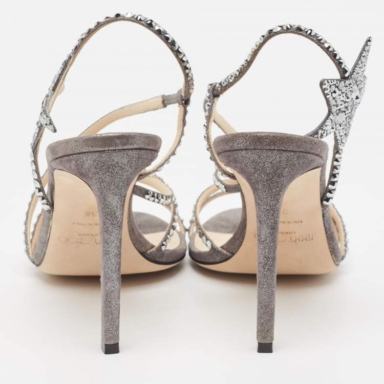 Pre Owned Jimmy Choo Grey Shimmer Suede Embellished Lynn Sandals Size 38