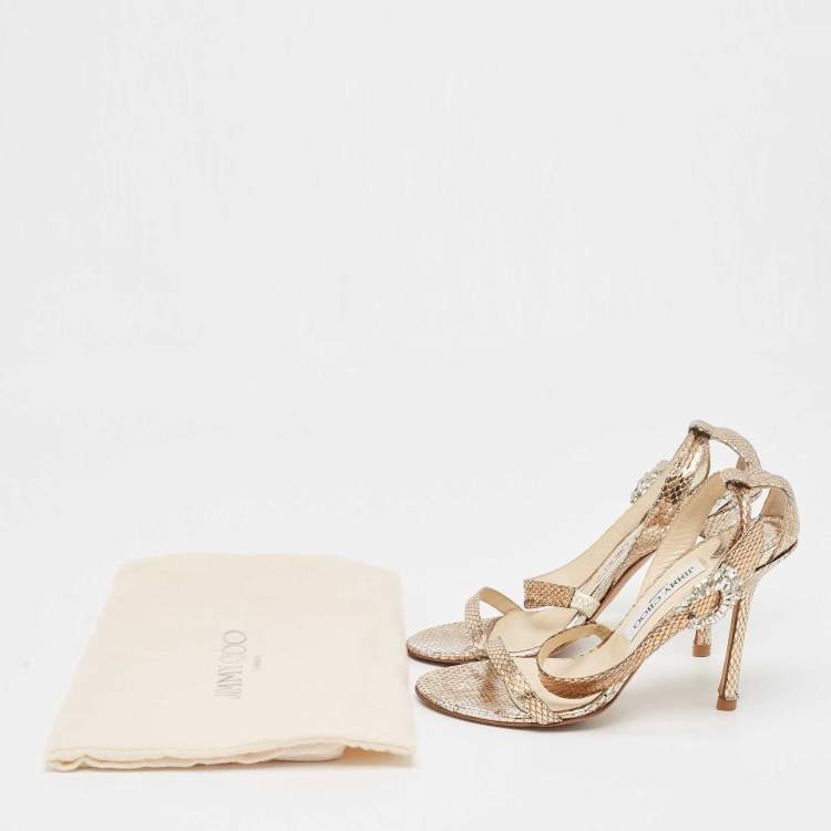 Pre Owned Jimmy Choo Metallic Snakeskin Leather Crystal Embellished Ankle Strap Sandals Size 36