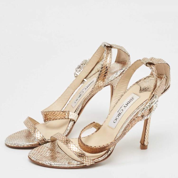 Pre Owned Jimmy Choo Metallic Snakeskin Leather Crystal Embellished Ankle Strap Sandals Size 36