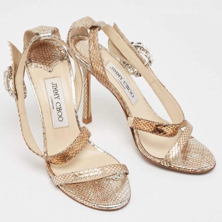 Pre Owned Jimmy Choo Metallic Snakeskin Leather Crystal Embellished Ankle Strap Sandals Size 36