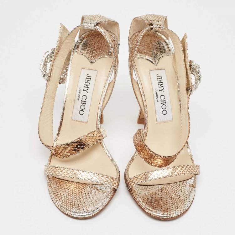 Pre Owned Jimmy Choo Metallic Snakeskin Leather Crystal Embellished Ankle Strap Sandals Size 36