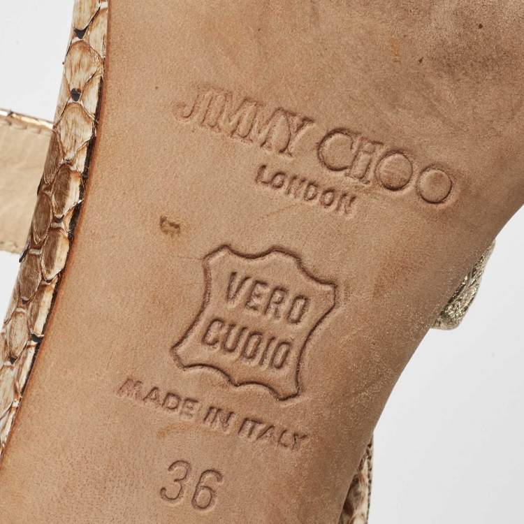 Pre Owned Jimmy Choo Metallic Snakeskin Leather Crystal Embellished Ankle Strap Sandals Size 36