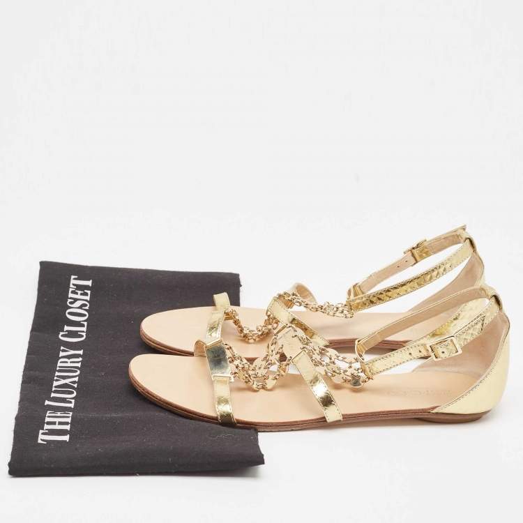 Pre Owned Jimmy Choo Gold Textured Leather Wyatt Flat Sandals Size 36