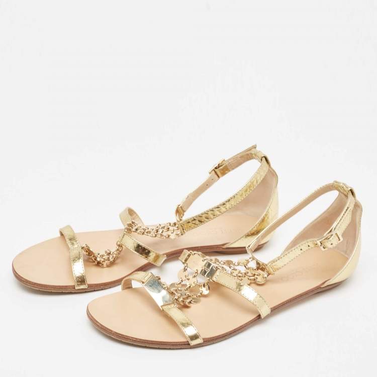 Pre Owned Jimmy Choo Gold Textured Leather Wyatt Flat Sandals Size 36