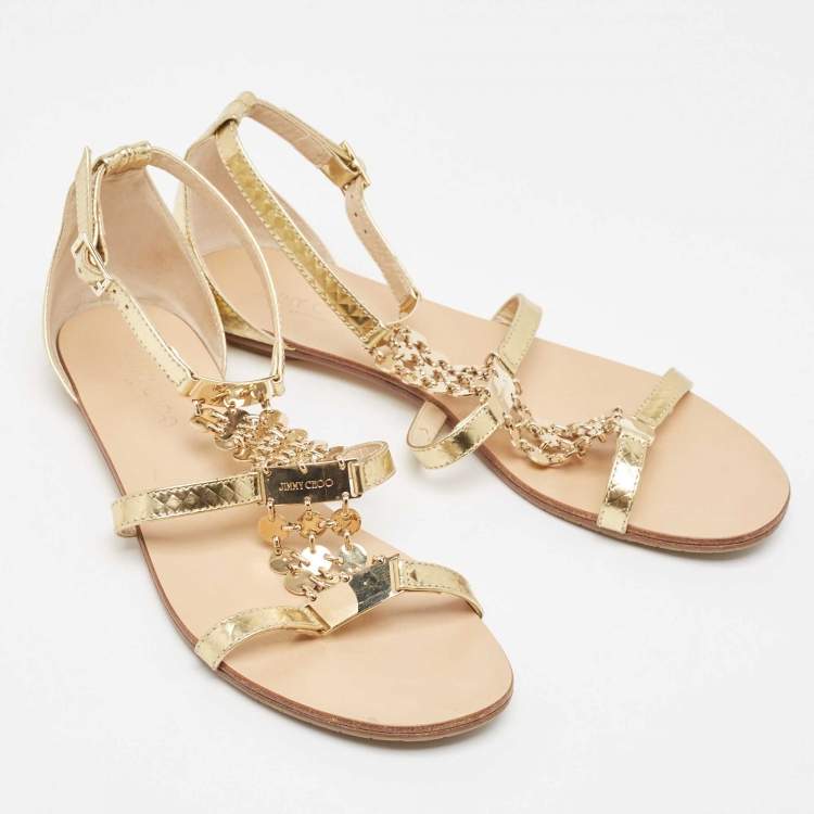 Pre Owned Jimmy Choo Gold Textured Leather Wyatt Flat Sandals Size 36