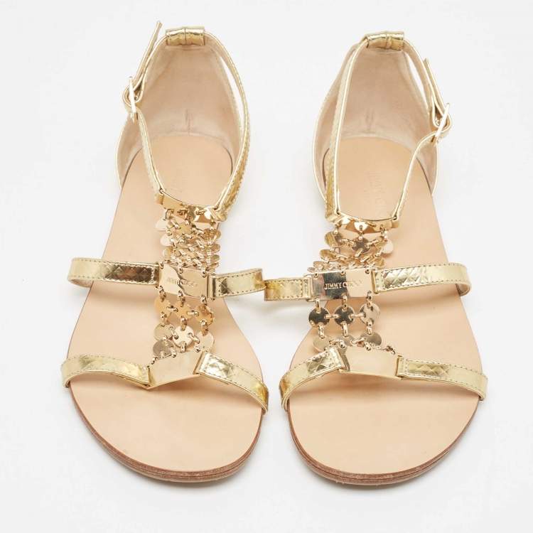 Pre Owned Jimmy Choo Gold Textured Leather Wyatt Flat Sandals Size 36