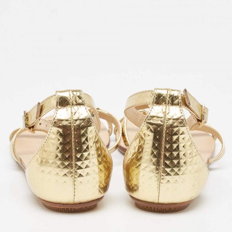 Pre Owned Jimmy Choo Gold Textured Leather Wyatt Flat Sandals Size 36