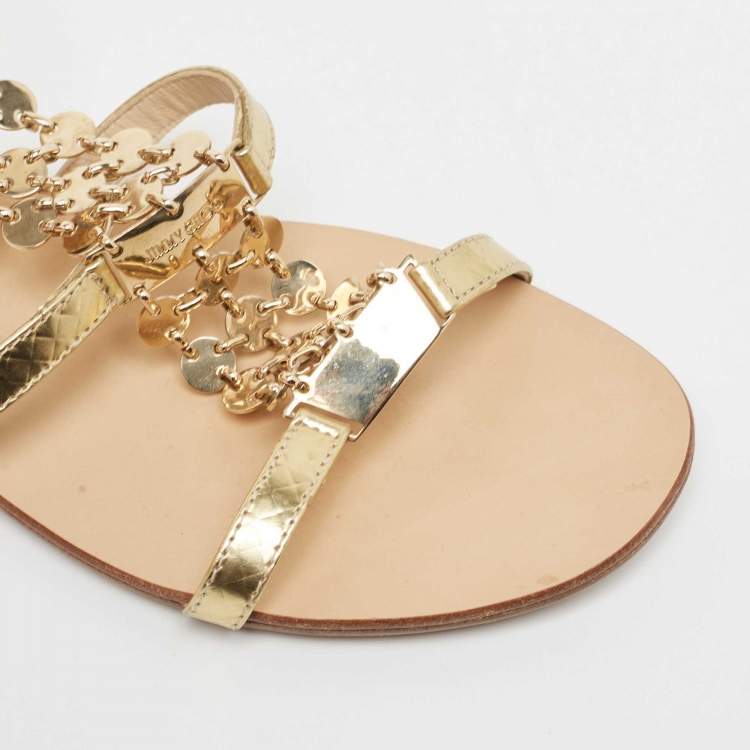 Pre Owned Jimmy Choo Gold Textured Leather Wyatt Flat Sandals Size 36