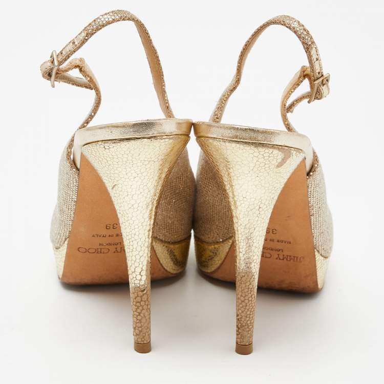 Pre Owned Jimmy Choo Gold  Lurex Fabric Glitter Verity Peep Toe Sandals Size 39