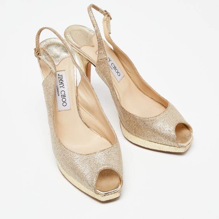 Pre Owned Jimmy Choo Gold  Lurex Fabric Glitter Verity Peep Toe Sandals Size 39