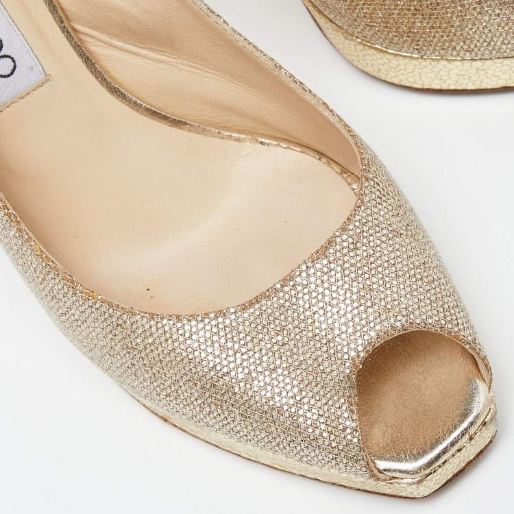 Pre Owned Jimmy Choo Gold  Lurex Fabric Glitter Verity Peep Toe Sandals Size 39