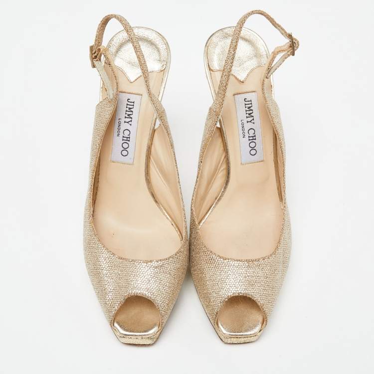 Pre Owned Jimmy Choo Gold  Lurex Fabric Glitter Verity Peep Toe Sandals Size 39
