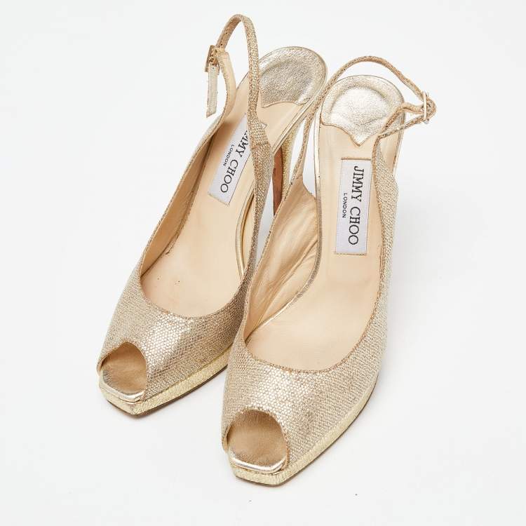 Pre Owned Jimmy Choo Gold  Lurex Fabric Glitter Verity Peep Toe Sandals Size 39
