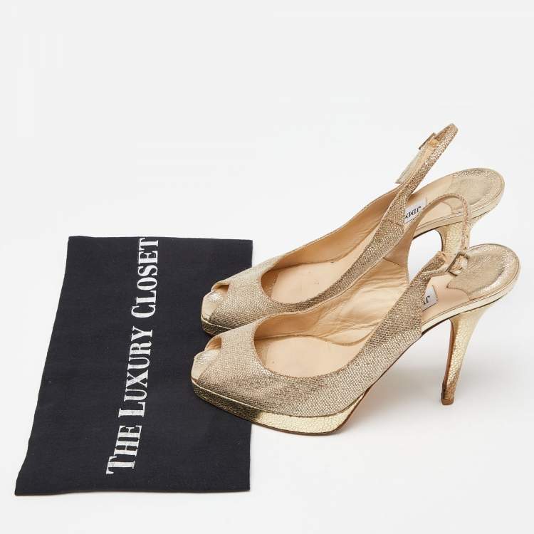 Pre Owned Jimmy Choo Gold  Lurex Fabric Glitter Verity Peep Toe Sandals Size 39
