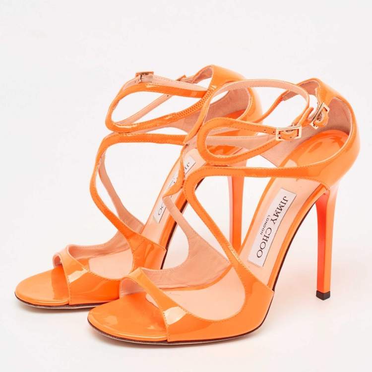 Pre Owned Jimmy Choo Orange Patent Leather Lance Sandals Size 37.5
