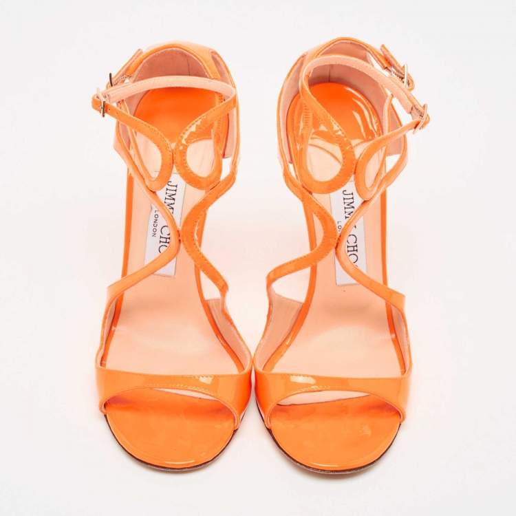 Pre Owned Jimmy Choo Orange Patent Leather Lance Sandals Size 37.5