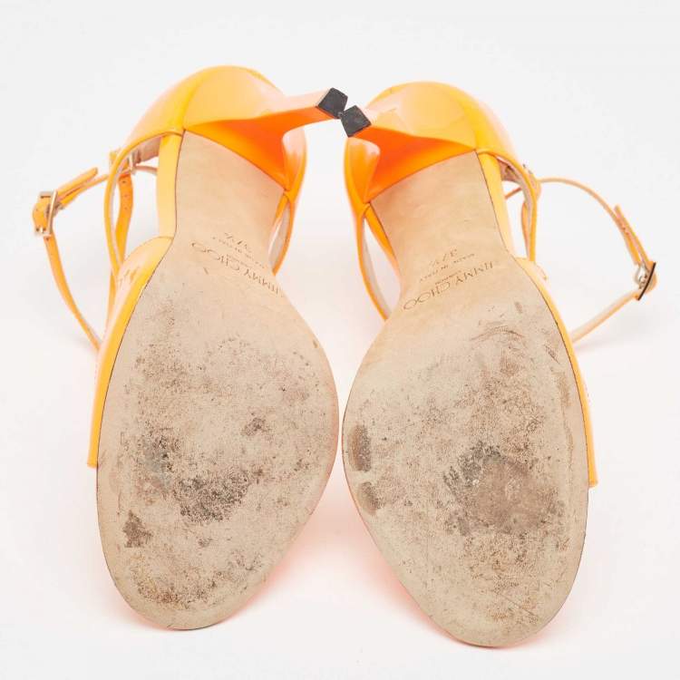 Pre Owned Jimmy Choo Orange Patent Leather Lance Sandals Size 37.5