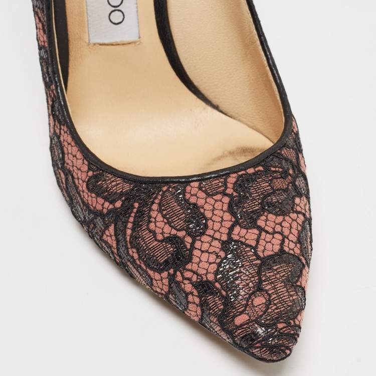 Pre Owned Jimmy Choo Pink/Black Lace and Mesh Pointed Toe Pumps Size 36