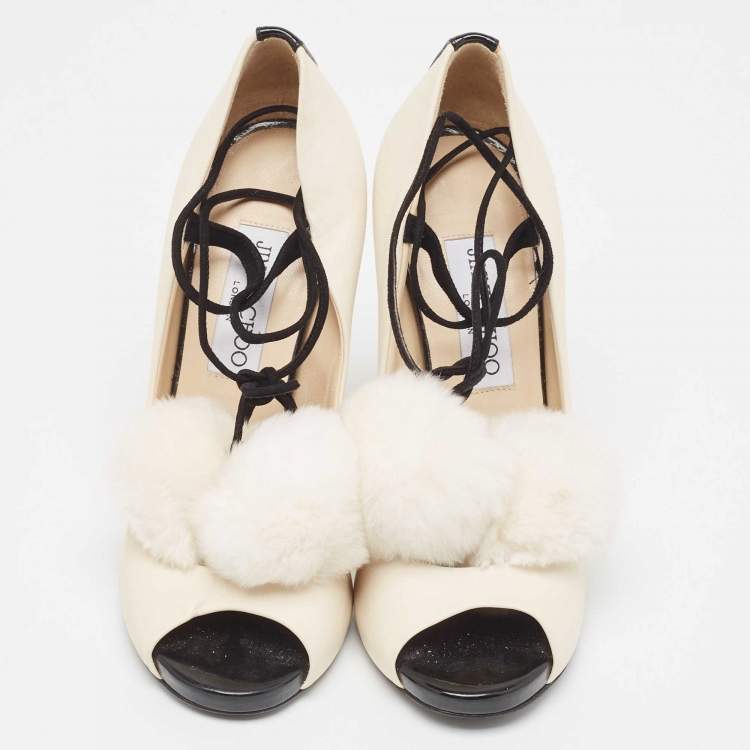 Pre Owned Jimmy Choo Off White Leather Pom Pom Ankle Tie Peep Toe Pumps Size 37.5